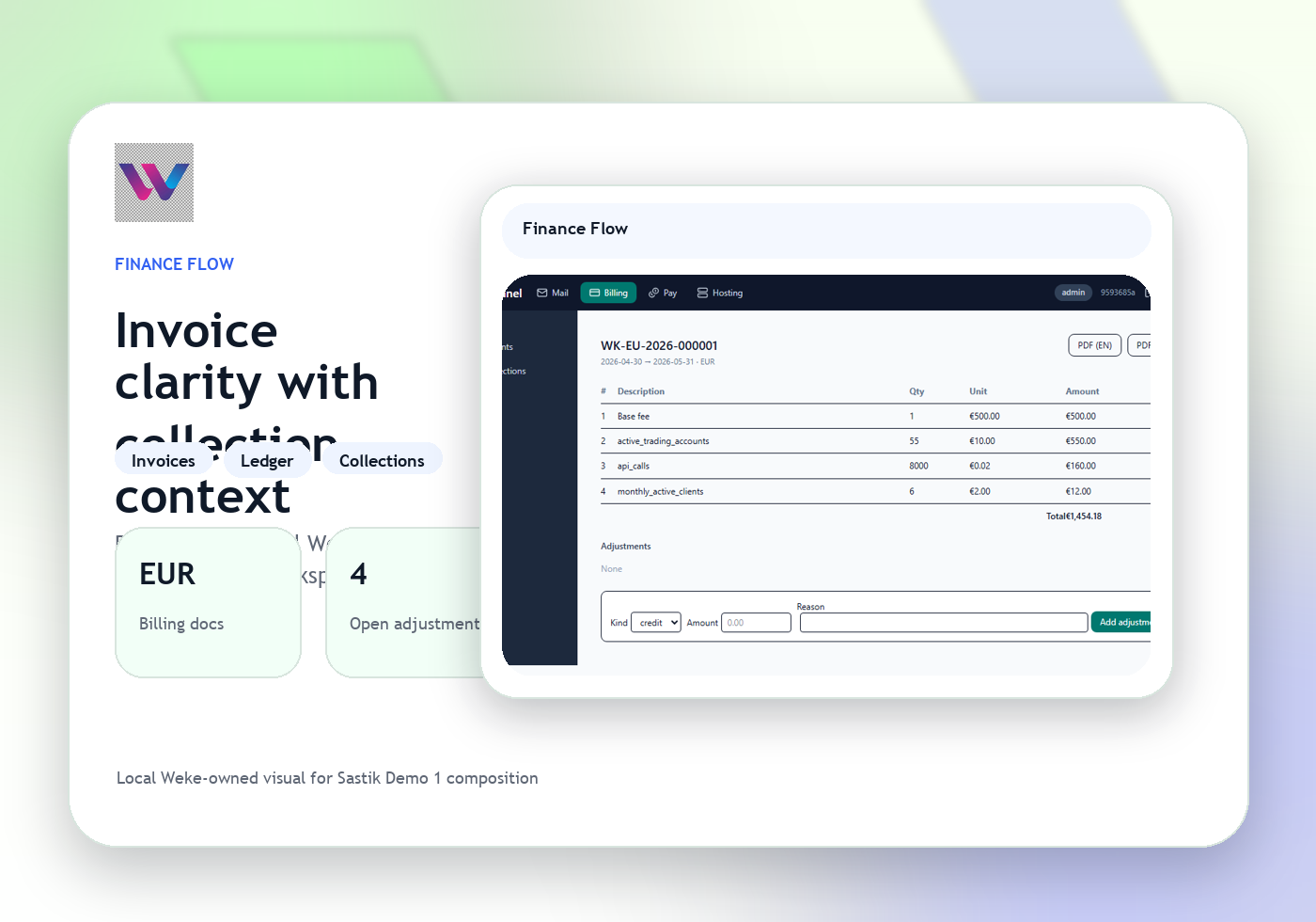 Weke Billing workspace with invoice totals, collection state, and operator controls.